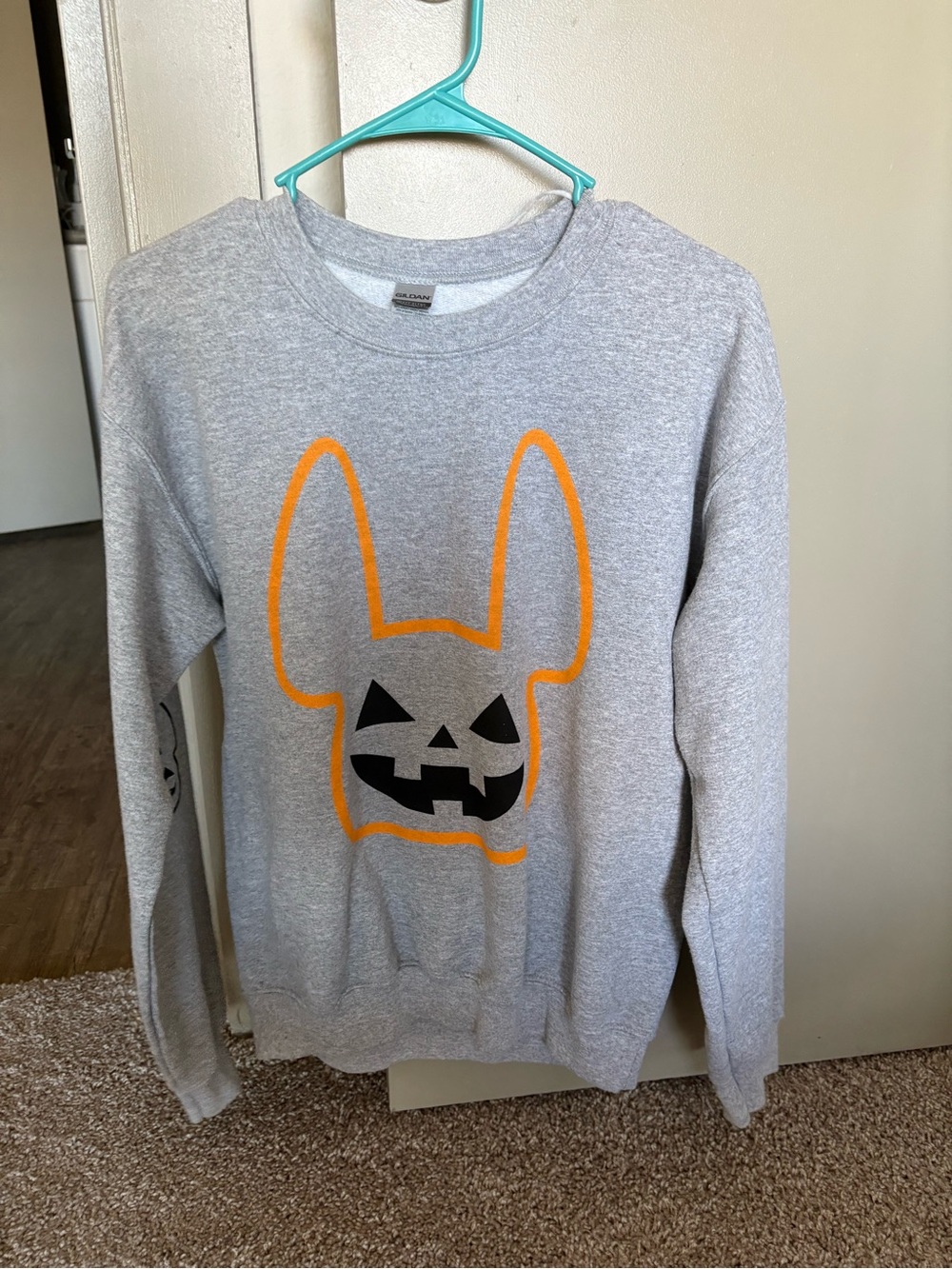 Gildan Gray Crewneck with Orange & Black Bunny Jack-O'-Lantern Graphic